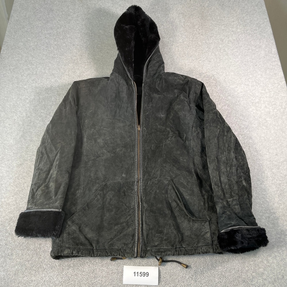 Basic Editions Suede Leather Jacket Mens Small Black Faux Fur Lined Winter Wear